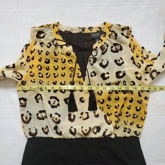 Nicole Miller Women's Leopard Print Top Black Bottom Cold Shoulder Dress Size 8 - Picture 9 of 13